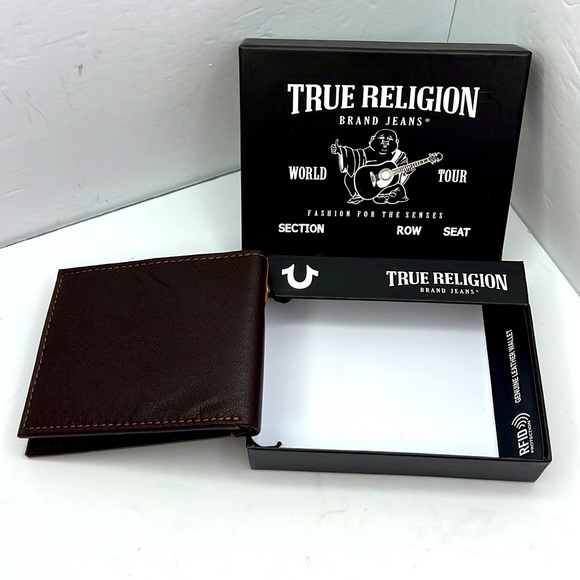 TRUE RELIGION MENS WALLET, ALL LEATHER, BROWN COLOR, WITH RFID PROTECTION - Picture 4 of 14